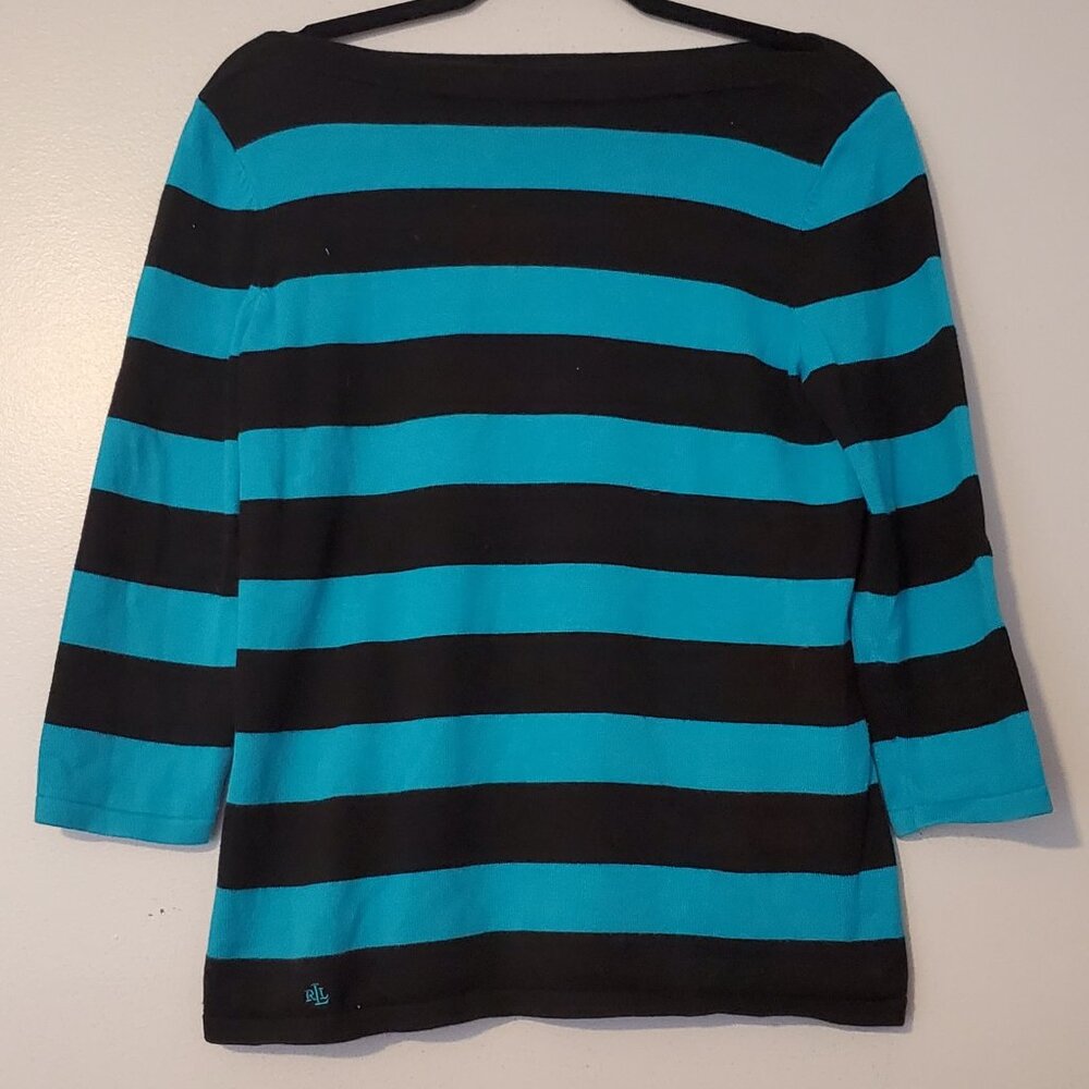 Lauren Ralph Lauren striped boatneck blue and teal Sweater Size M Preppy Coastal - Picture 1 of 9